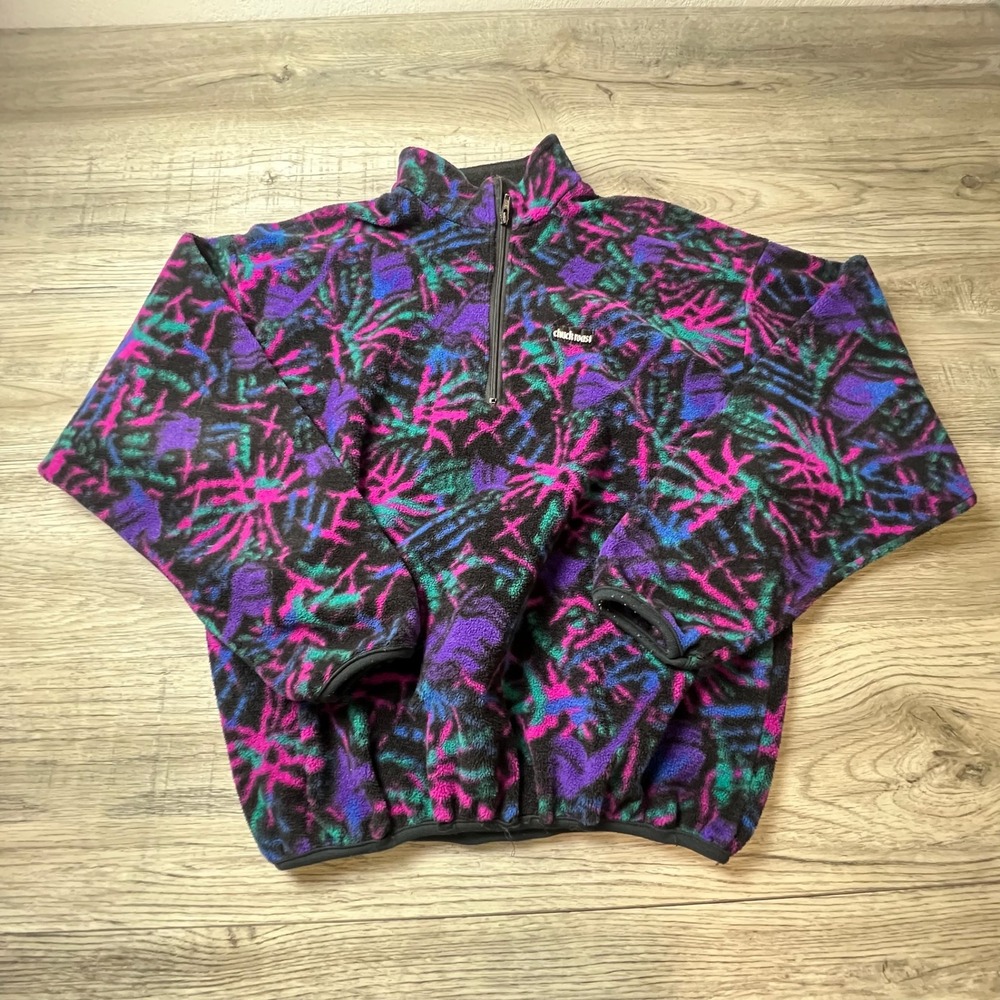 Chuck Roast Fleece Pullover Men Small Neon Abstract 1/4 Zip Vintage 80s Retro